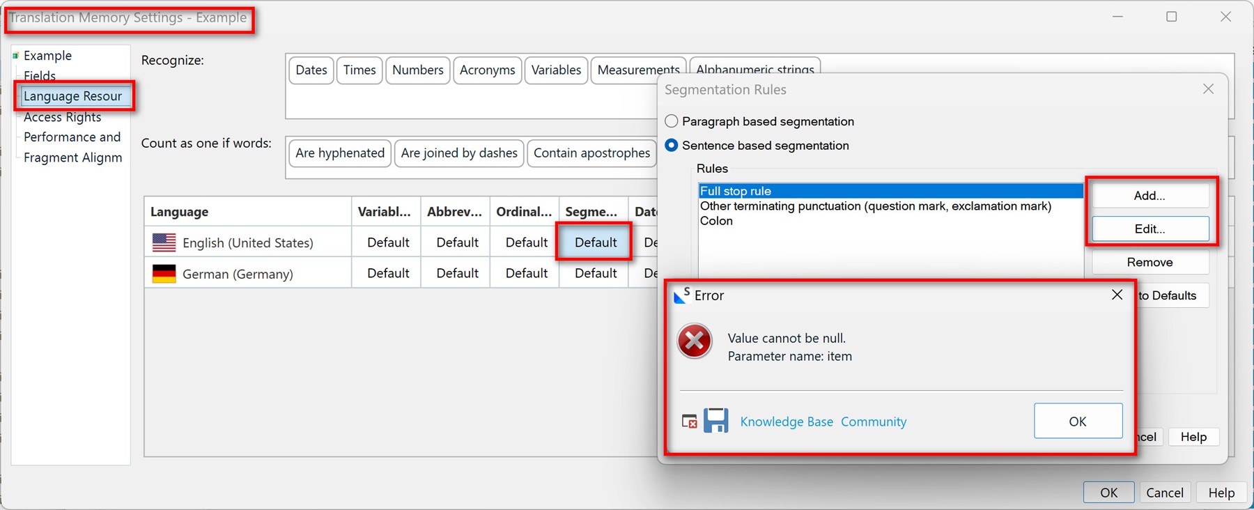 Screenshot of Trados Studio showing 'Translation Memory Settings - Example' with an error message window stating 'Value cannot be null. Parameter name: item'.