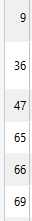 Screenshot showing a list of Segment IDs in Trados Studio before applying PerfectMatch: 9, 36, 47, 65, 66, 69.