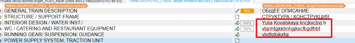 Screenshot of a Trados Studio document with segments in English and Russian. One segment is highlighted in red, indicating a potential length limit issue.