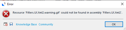 Error dialog box in Trados Studio with a red cross icon, stating 'Resource Filters.UI.Xml2.warning.gif could not be found in assembly Filters.UI.Xml2.' with an OK button.