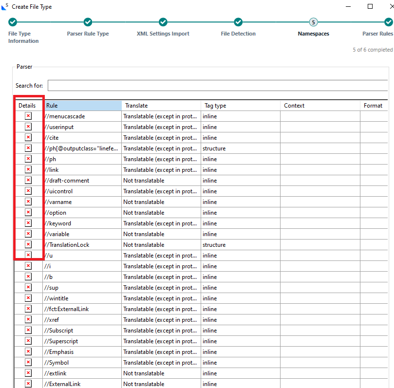 Trados Studio 'Create File Type' window showing the 'Parser Rules' step with a red cross in each cell of the 'Details' column, indicating an error for each rule.