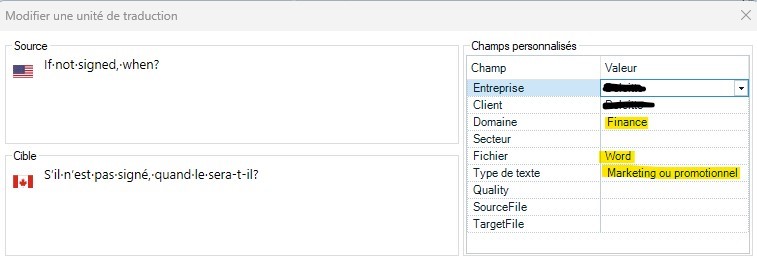 Screenshot of Trados Studio segment confirmation dialog with a warning icon, displaying mismatched field values for 'Client' and 'Type de texte' compared to project settings.