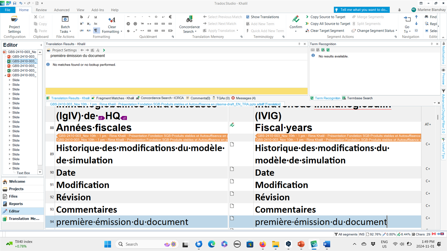 Screenshot of Trados Studio 2021 with a PowerPoint file open in the Editor view. The text 'Annees fiscales' and other French content is visible, with 'FR' below Page Break lines indicating the source language text.