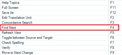 Trados Studio menu showing 'Find Next' function assigned to F4 key highlighted in red.