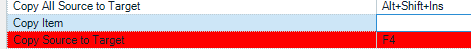 Trados Studio shortcut settings with an error highlighting 'Copy Source to Target' assigned to F4 in red, indicating a conflict.