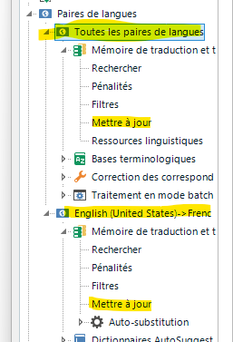 Screenshot of Trados Studio showing the 'Language Pairs' section expanded with 'All language pairs' and 'English (United States)->French' selected. No visible errors or warnings.