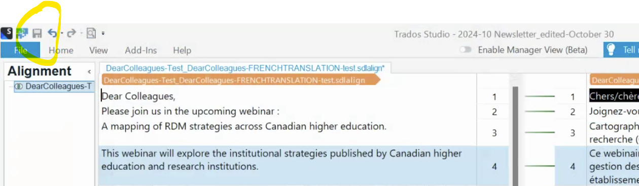 Trados Studio screenshot showing the Alignment tab with two files loaded for alignment. The 'Save' button is not visible in this image.