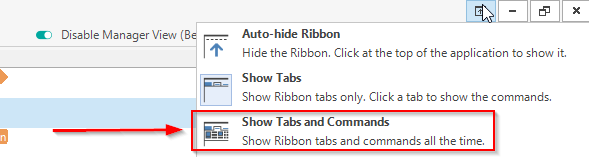 Screenshot of Trados Studio option to 'Show Tabs and Commands' highlighted with a red box and an arrow pointing to it.