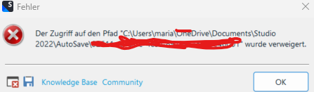 Error message in Trados Studio indicating access to the path 'C:UsersmariaOneDriveDocumentsStudio2022AutoSave' was denied.