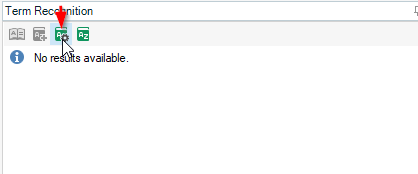 Screenshot of Trados Studio's Term Recognition panel showing no results available with an information icon.