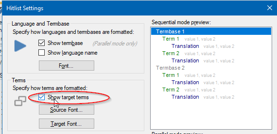 Screenshot of Trados Studio's Hitlist Settings dialog with 'Show target terms' option highlighted.