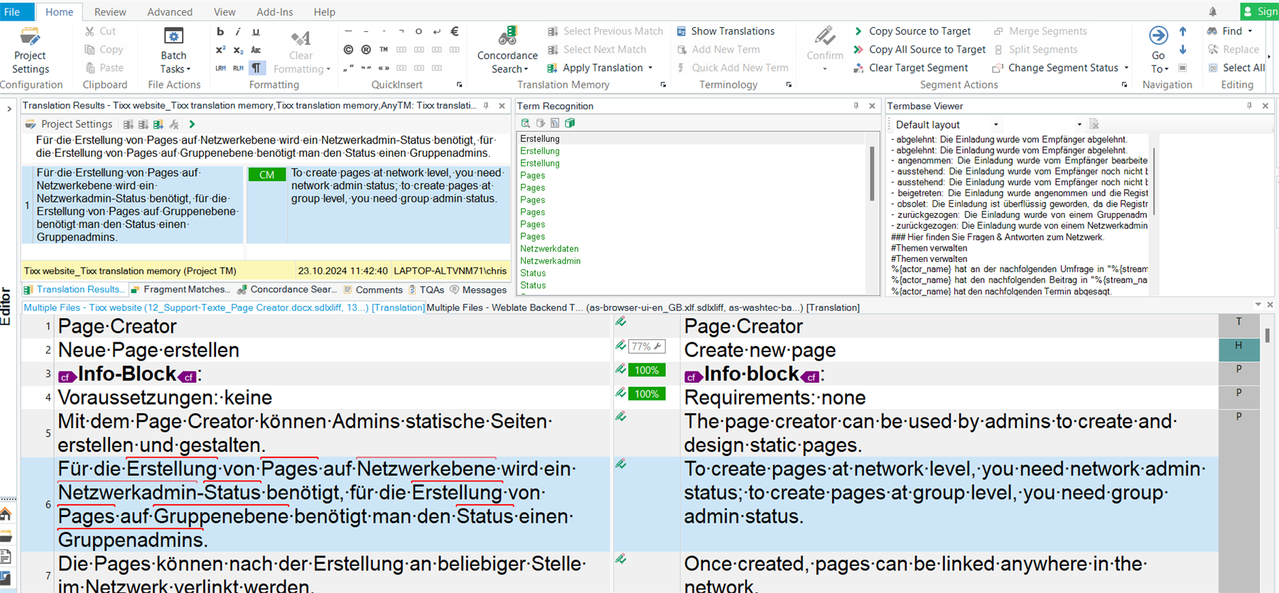 Screenshot of Trados Studio interface showing a translation project. The left side displays the source text in German and the right side shows the target text in English. Term recognition pane is visible with terms highlighted.