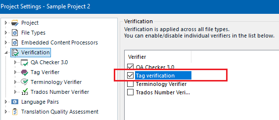 Screenshot of Trados Studio Project Settings showing the Verification section with 'Tag verification' checkbox ticked.