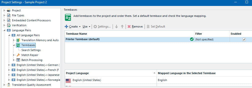 Trados Studio Project Settings window with Termbases section, showing 'Printer Termbase' enabled and language mapping for English.