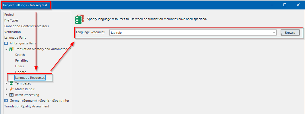 Trados Studio Project Settings dialog showing Language Resources tab selected with a file named 'tab rule' added under Language Resources. Red arrows point to the Language Resources section.