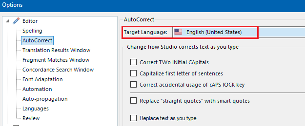 Trados Studio AutoCorrect options window showing Target Language set to English (United States) with various text correction options below.