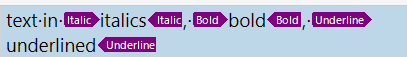 Screenshot of Trados Studio showing text formatting options with words 'italic', 'bold', and 'underline' highlighted in their respective styles.