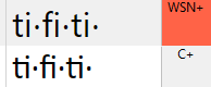 Screenshot of Trados Studio showing text with formatting issues, 'ti:fi:ti' on top and 'ti:fi:ti' with ligatures on the bottom, next to WSN+ and C+ indicators.