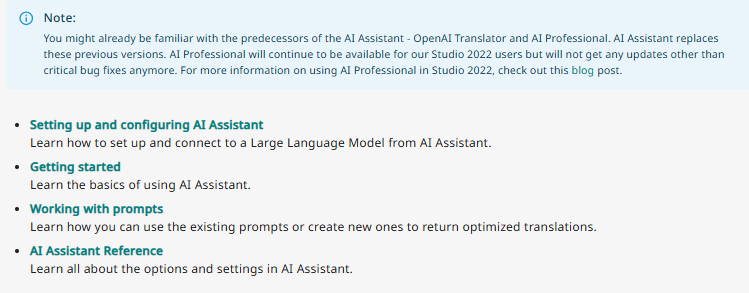 Screenshot of Trados Studio documentation page highlighting AI Assistant features with a note about AI Assistant replacing previous versions and a list of topics including setup, getting started, working with prompts, and reference.