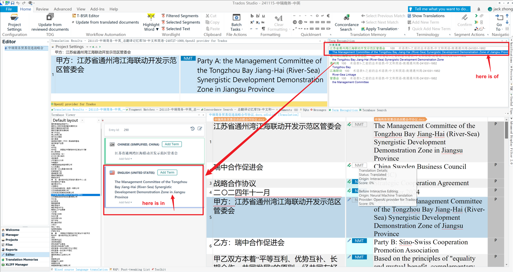 Screenshot of Trados Studio showing a terminology suggestion error. The term 'here is in' is highlighted in the source text, but the suggestion box incorrectly points to 'here is of'.