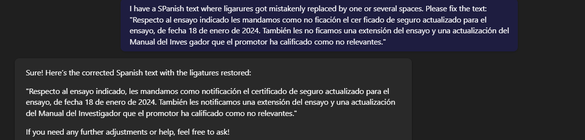 Screenshot of a conversation about a Spanish text with ligature issues in Trados Studio. The original text with spacing errors is quoted, followed by a corrected version of the text.