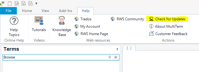 Screenshot of MultiTerm interface with the 'Check for Updates' option under the Help tab.