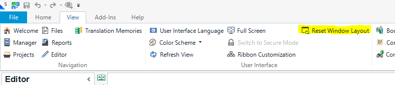 Screenshot of Trados Studio interface highlighting the 'Reset Window Layout' button in the View tab.