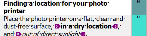 Screenshot of Trados Studio showing text with formatting tags. 'H' for heading on the right margin next to the title, and 'LI' for list items next to the instructions.