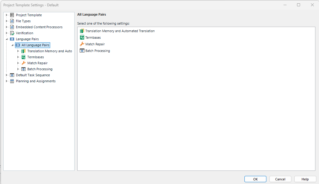 Screenshot of Trados Studio Project Template Settings showing options for All Language Pairs, including Translation Memory and Automated Translation, Termbases, Match Repair, and Batch Processing.