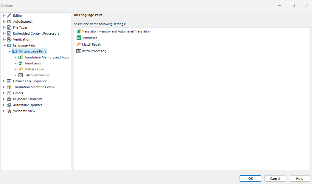 Screenshot of Trados Studio Options dialog with All Language Pairs selected, showing sub-options for Translation Memory and Automated Translation, Termbases, Match Repair, and Batch Processing.