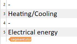 Screenshot of Trados Studio segment view showing numbered segments with a dash and text, such as 'HeatingCooling' and 'Electrical energy'.