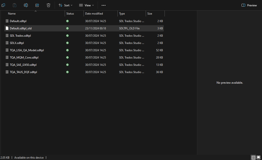 File Explorer window showing a list of SDL Trados Studio template files with dates modified on 30072024, except one file dated 23112024. All files have a green check status except for 'No preview available' message at the bottom.