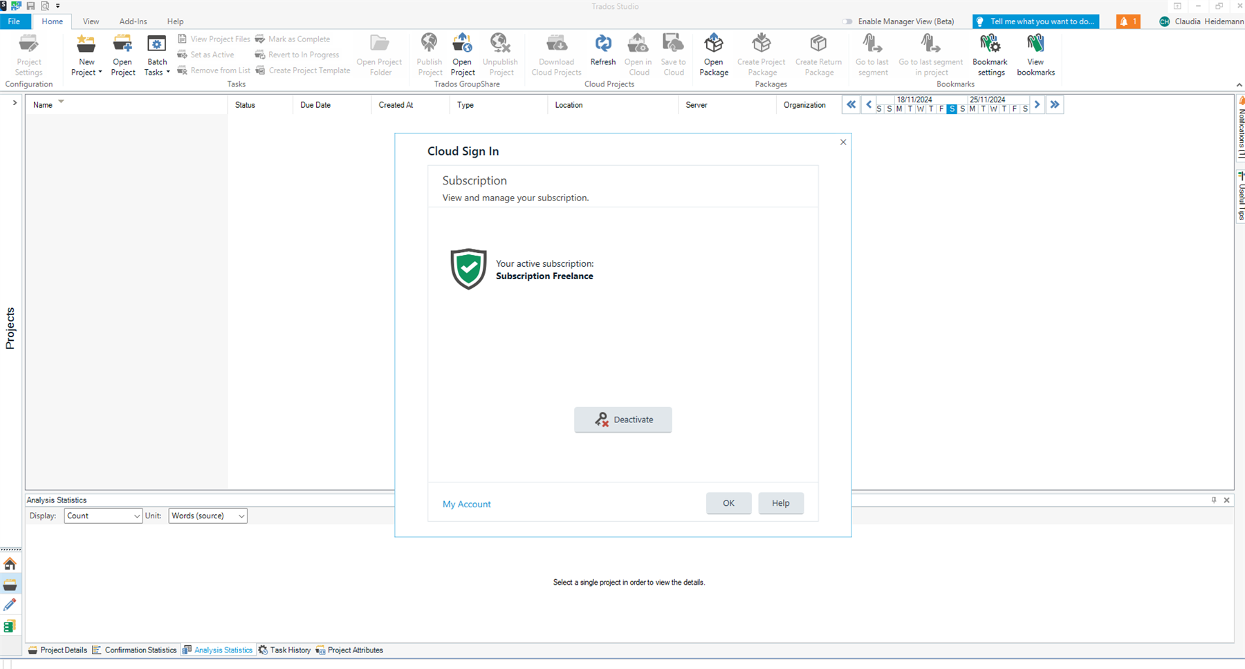 Screenshot of Trados Studio with a Cloud Sign In dialog box open showing an active subscription titled 'Subscription Freelance' with a green checkmark icon and a 'Deactivate' button.