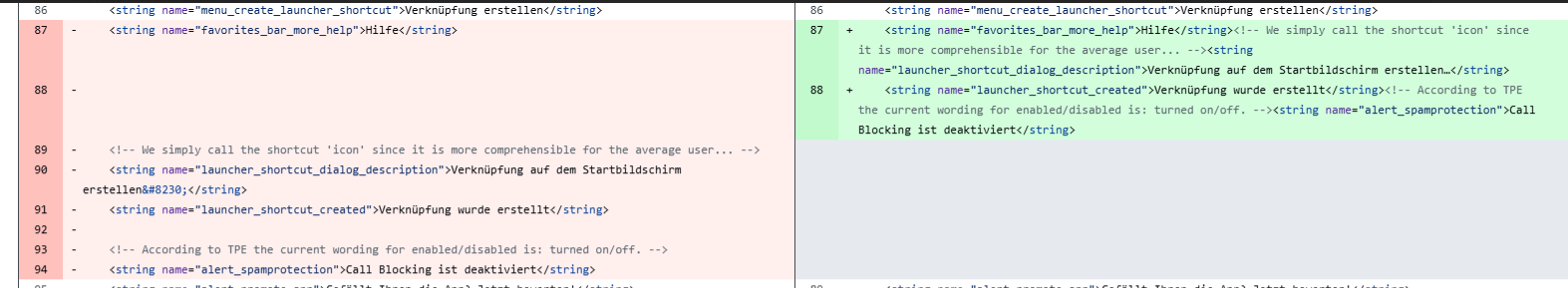 Side-by-side comparison of code diffs showing removal of line breaks around comments in an XML file.