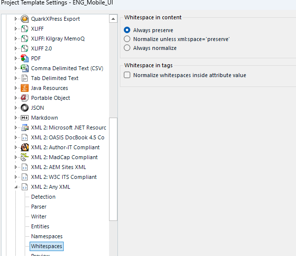 Screenshot of Trados Studio project template settings with 'Always preserve' selected for whitespace in content.