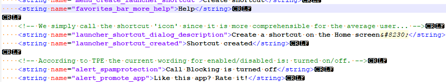 Code snippet with highlighted changes, including translations and comments about shortcut icons and call blocking.