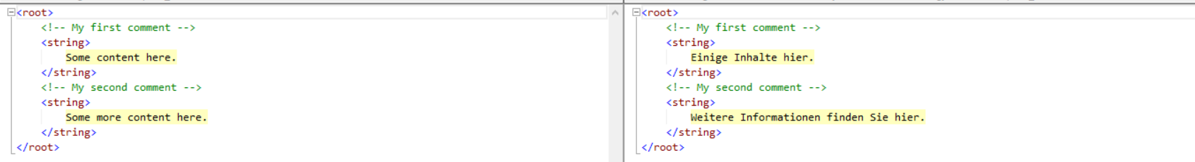 Zoomed-in view of two XML files compared in Trados Studio, showing English text on the left and German translation on the right.