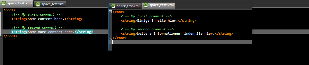 Side-by-side comparison of XML files in Trados Studio. Left file has English content, right file has German content with comments.