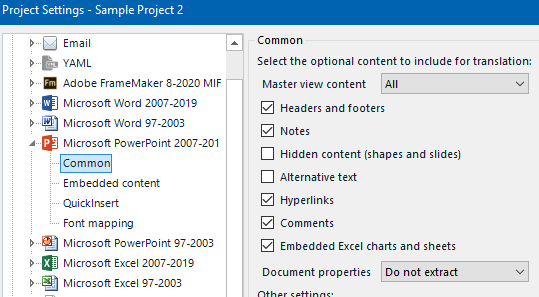 Screenshot of Trados Studio Project Settings window with Microsoft PowerPoint 2007-2019 Common settings displayed, including Master view content set to All.