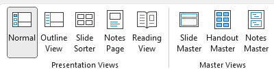 Screenshot of PowerPoint view options including Normal View, Outline View, Slide Sorter, Notes Page, Reading View, Slide Master, Handout Master, and Notes Master.