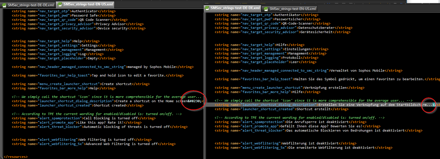 Side-by-side comparison of XML strings in Trados Studio with German and English translations. A red circle highlights an ellipsis character issue in the German version.