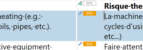 Screenshot of Trados Studio interface showing two segments with 99% match scores next to the confirmation checkmarks.