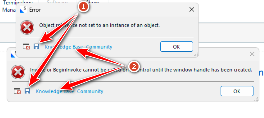 Screenshot of two error dialog boxes from Trados Studio. The first error message reads 'Object reference not set to an instance of an object.' The second error message reads 'Invoke or BeginInvoke cannot be called on a control until the window handle has been created.' Both dialog boxes have links to the Knowledge Base and Community.