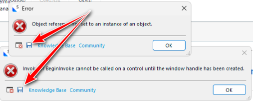 Screenshot of Trados Studio error dialog boxes. The first error says 'Object reference not set to an instance of an object.' The second error says 'BeginInvoke cannot be called on a control until the window handle has been created.' Arrows point to 'Knowledge Base' and 'Community' buttons.