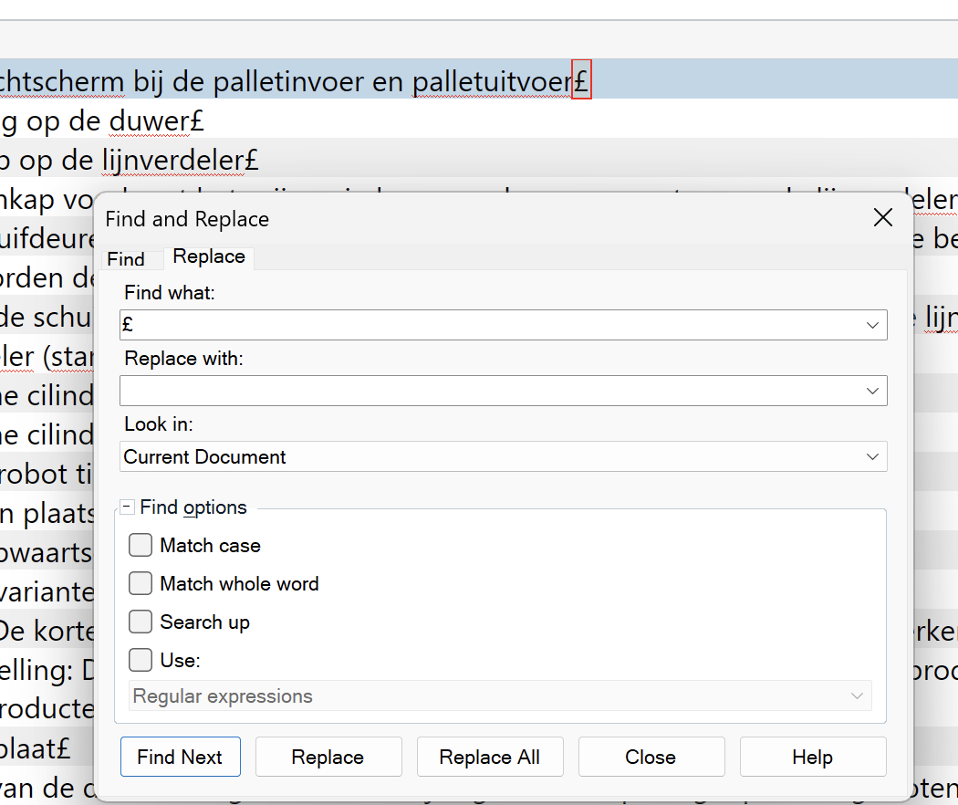 Screenshot of Trados Studio's Find and Replace dialog box with ' ' in the 'Find what' field and an empty 'Replace with' field.