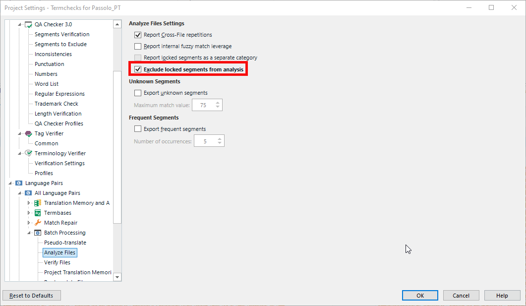 Screenshot of Trados Studio Project Settings with 'Exclude locked segments from analysis' option checked under Analyze Files Settings.