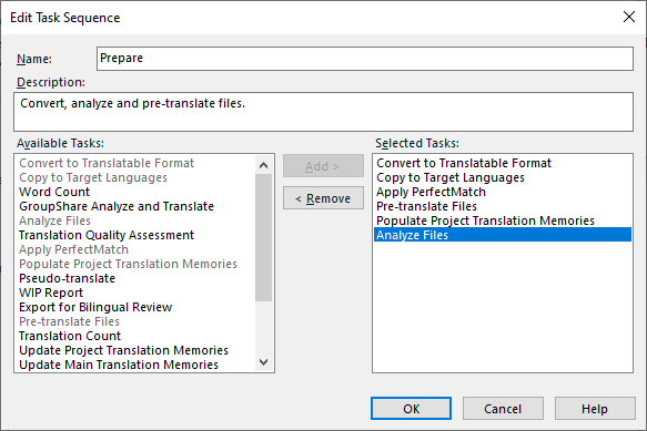 Edit Task Sequence dialog in Trados Studio showing a list of selected tasks including Convert to Translatable Format, Apply to Target Languages, Copy to Target Languages, Pre-translate Files, Populate Project Translation Memories, and Analyze Files.