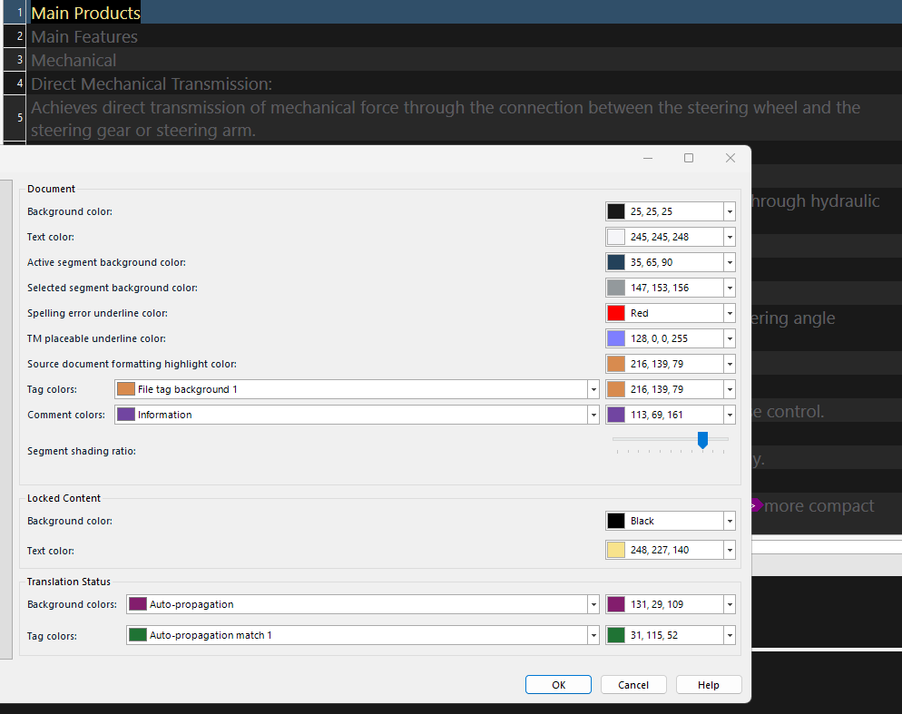 Screenshot of Trados Studio Editor Colors settings window with mismatch in text color. The selected text color shows a light gray RGB value (245, 245, 248) but appears darker in the editor.