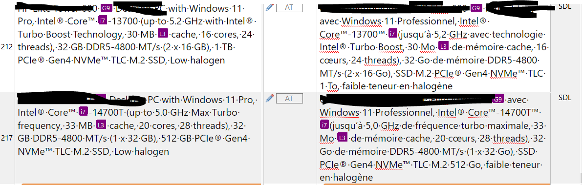 Two side-by-side screenshots of a text comparison in Trados Studio 2024, showing differences in product specifications with tags like i7-13700 and i7-14700T highlighted.