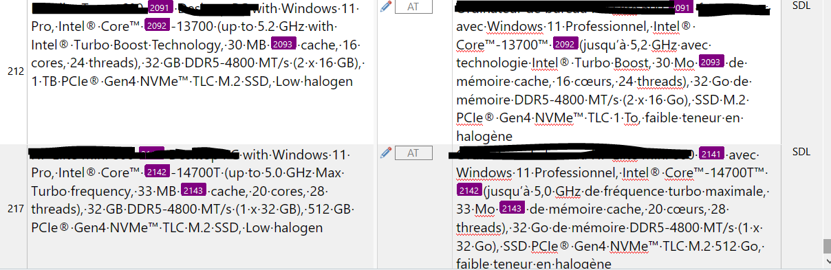 Two side-by-side screenshots of a text comparison in Trados Studio 2024, with tags and numbers like 2092, 2093, 2142, and 2143 highlighted to indicate differences.